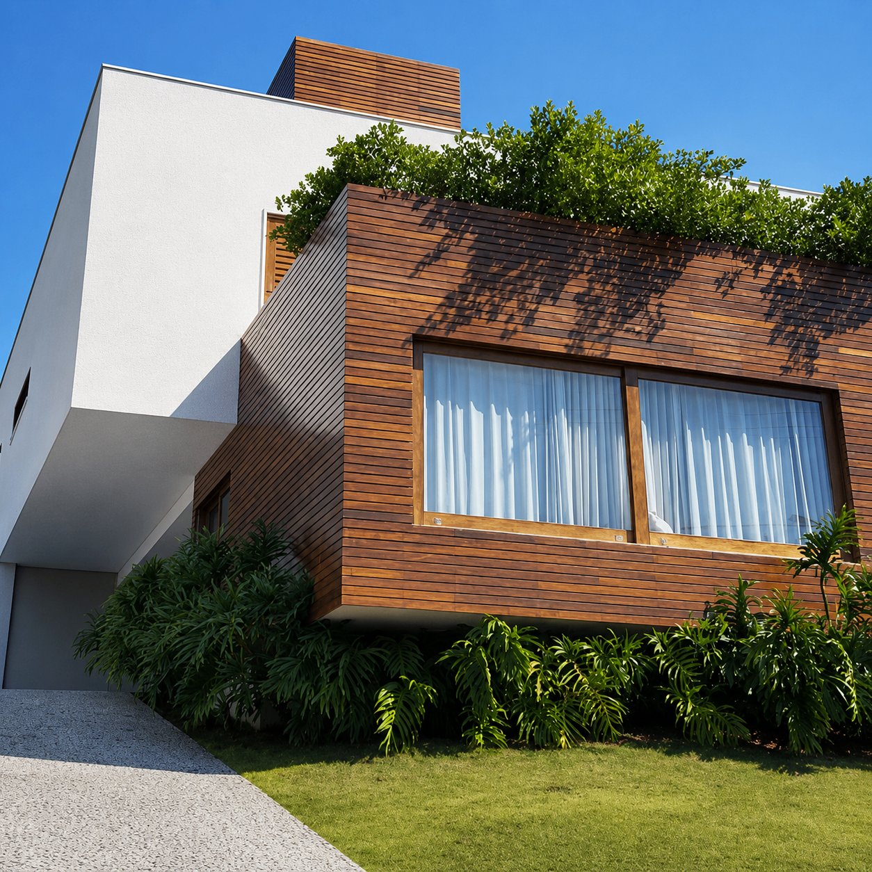 Fachada contemporânea com destaque para acabamentos em madeira